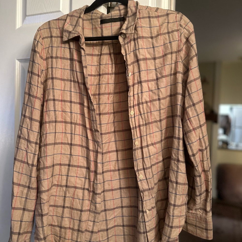Jenni Kayne Plaid Flannel Boyfriend Shirt – Tan / Red / Blue (Size L)
